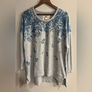 CUPIO Women’s Gray & Blue Floral Knit Scoop Neck High Low Tunic Top Plus Size 1X